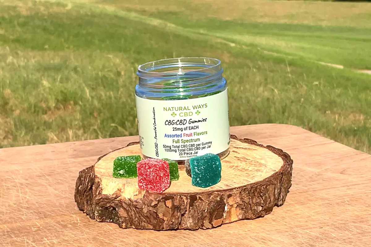 CBG and CBD gummies in the outdoors. 